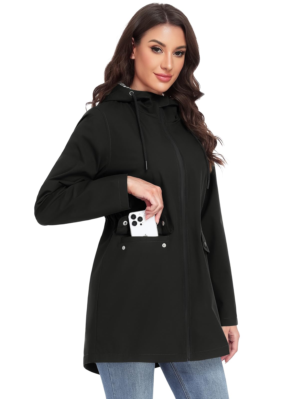 Yuson Girl Manteau Femme mi Saison Long Léger Manteau Parka Coupe Vent Élégante Veste de Printemps avec Capuche Cordon de Serrage Décontracté Blouson pour Printemps Eté et Automne