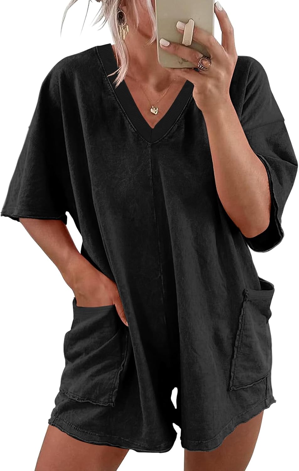 Essrite Womens Mineral Washed Summer Casual Short Sleeve V Neck Rompers Jumpsuit Outfits with Pockets