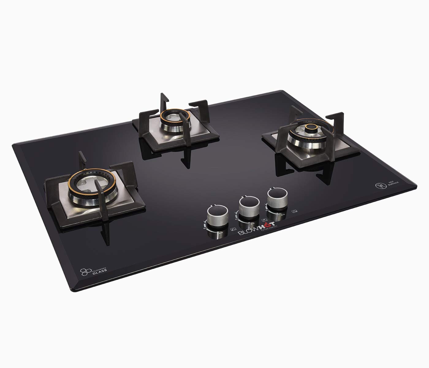 BLOWHOT Majesty Gas Hob 3 Heavy Brass Burners, Auto Ignition, 8 mm Glass Top, One 110 mm Triple
