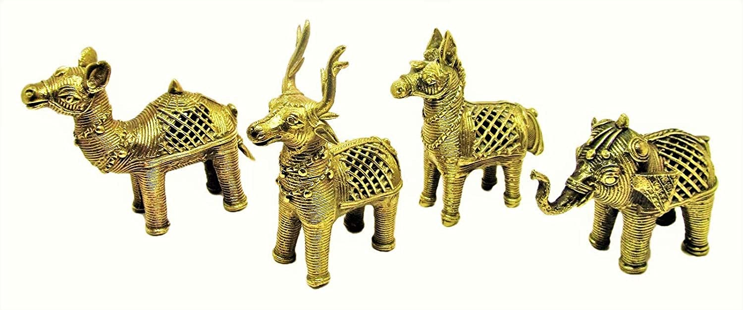 Dhokra Metal Art - Handcrafted Collectible Animal Figurines Small Assorted (Set of 4) | Home | Desk Decor,Dull Gold/Brass