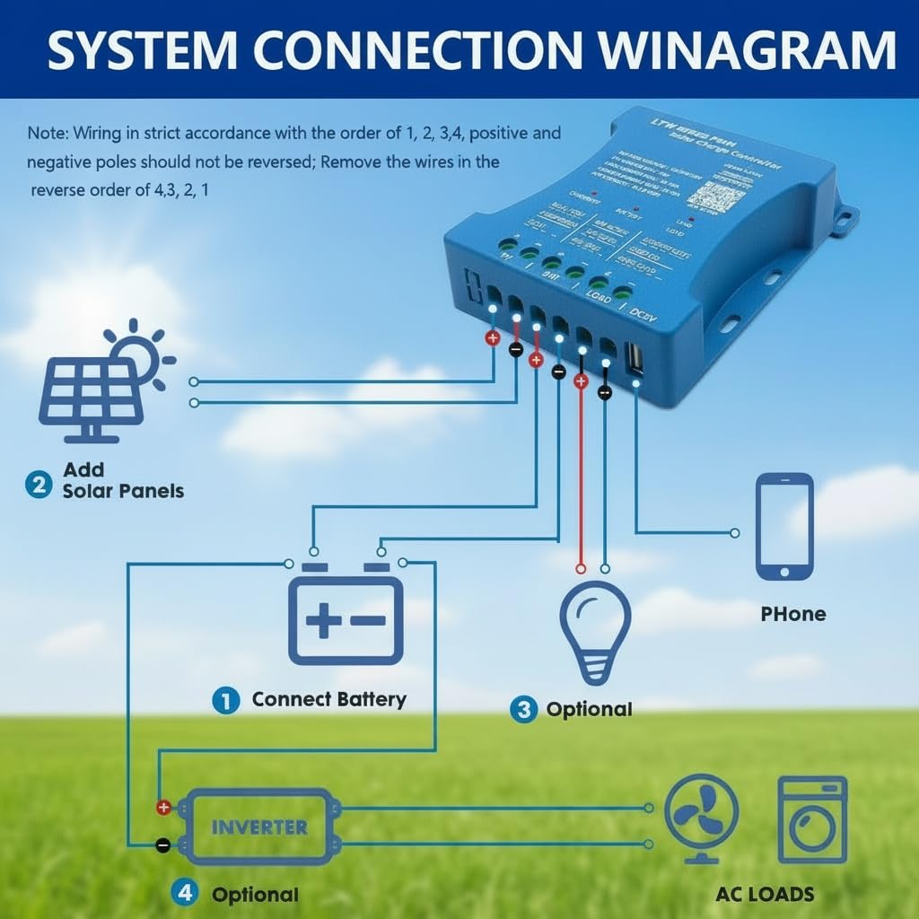 Regolatore solare 20A con WiFi & Bluetooth, PWM 12V/24V/36V per veicoli, ingresso PV 80V, regolazione tramite applicazione per batterie piombo-acido/LiFePO4/litio, ideale per camper/casa/installazione