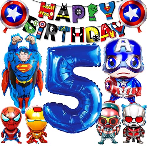 Superheroes Globos Decoracion Cumpleaos Niño 5 año, Superhéroe Feliz Cumpleaños del Pancarta Adornos de Pastel Superhéroe Marvel Helium Foil Balloons Cumpleaños Decoracion (5 año) Cover