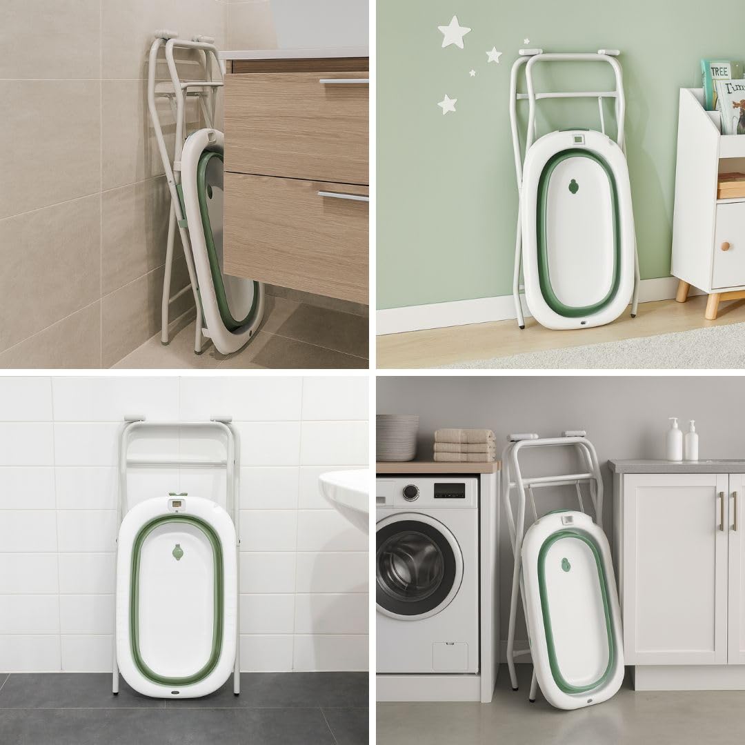 BAÑERA PLEGABLE PARA BEBÉ | Diseño Portátil y Plegable | Recién Nacido | Con Termómetro + Patas Antideslizantes + Tapón de Desagüe (Verde Soporte)