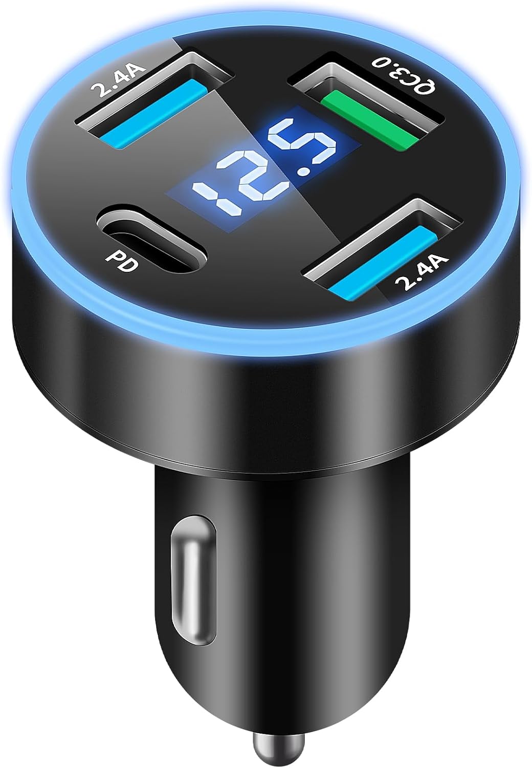 4 Ports Mobile Car Charger, 50W QC3.0 & PD Car Cigarette Lighter Charger USB Fast Charging USB Car Charger with LED Voltmeter for iPhone, Android, Samsung