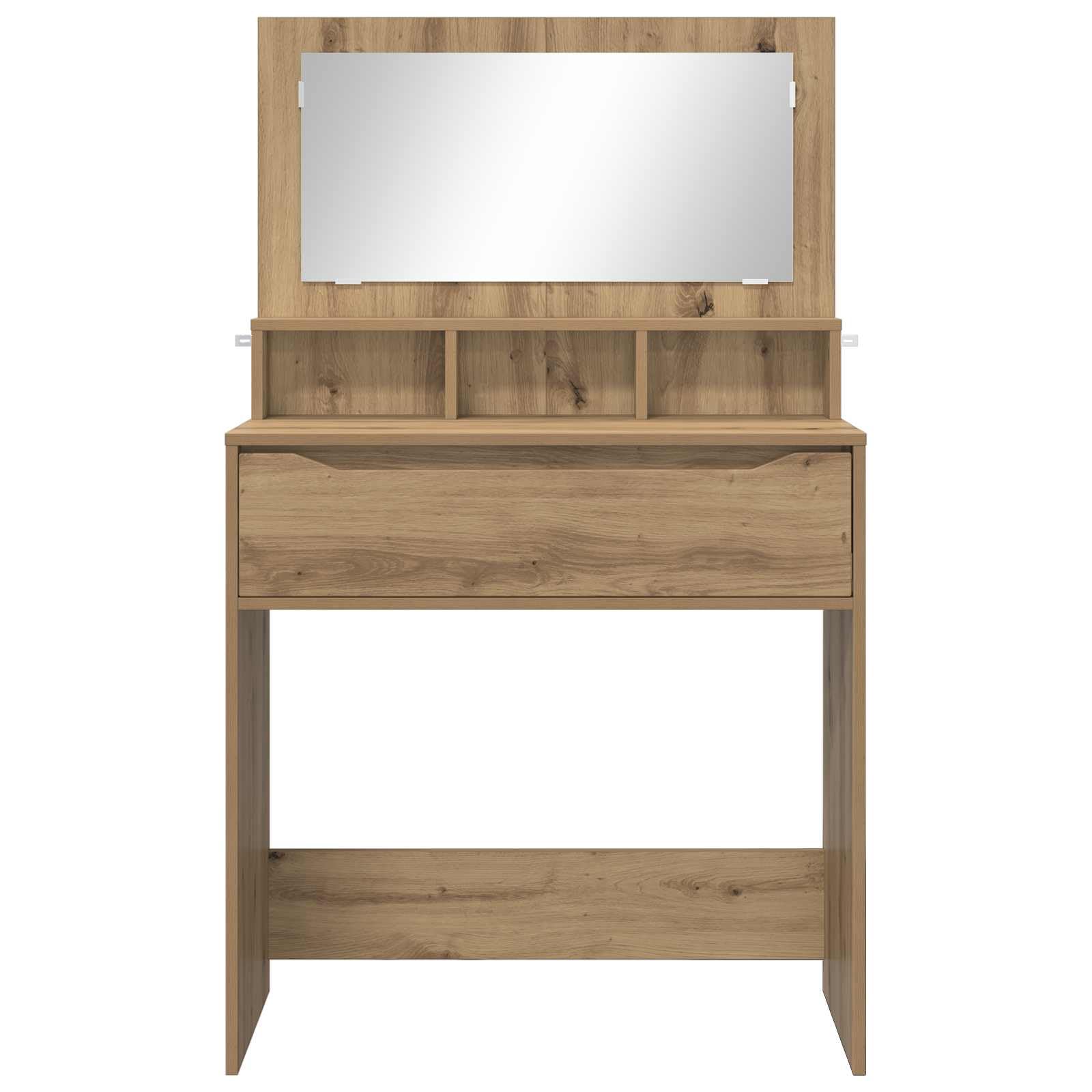 Tavolo da trucco in legno ingegnerizzato rovere artigianale con specchio piano e cassetto silenzioso, mobiletto consolle per camera da letto, postazione make up salvaspazio funzionale