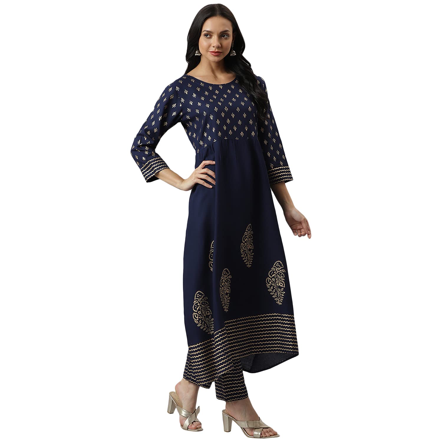 Stylum Women's Gold Printed Rayon Flared Kurta Pant Dupatta Set (Kpdnanonavy38_Navy Blue, M)
