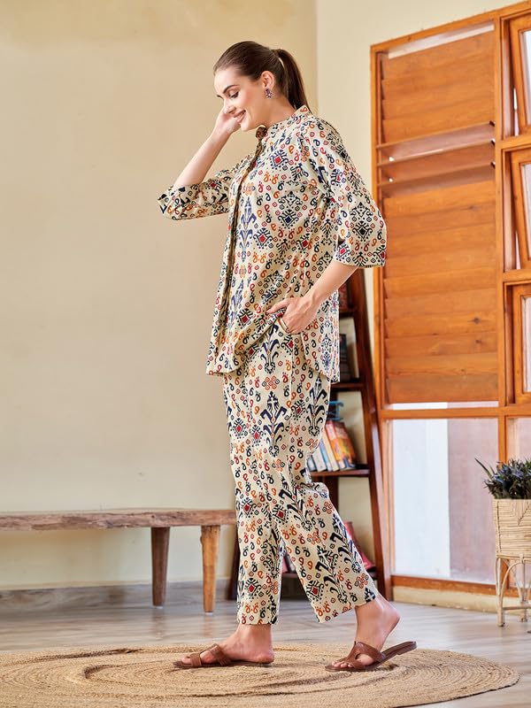 Image of Cotton Relaxed Fit Shirt & Trouser Co-Ord Set for Women |Front Openable Button and 3 /4 Sleeve Shirt |Two Pockets and Elasticated Waist Trouser | Casual Wear and Everyday Wear