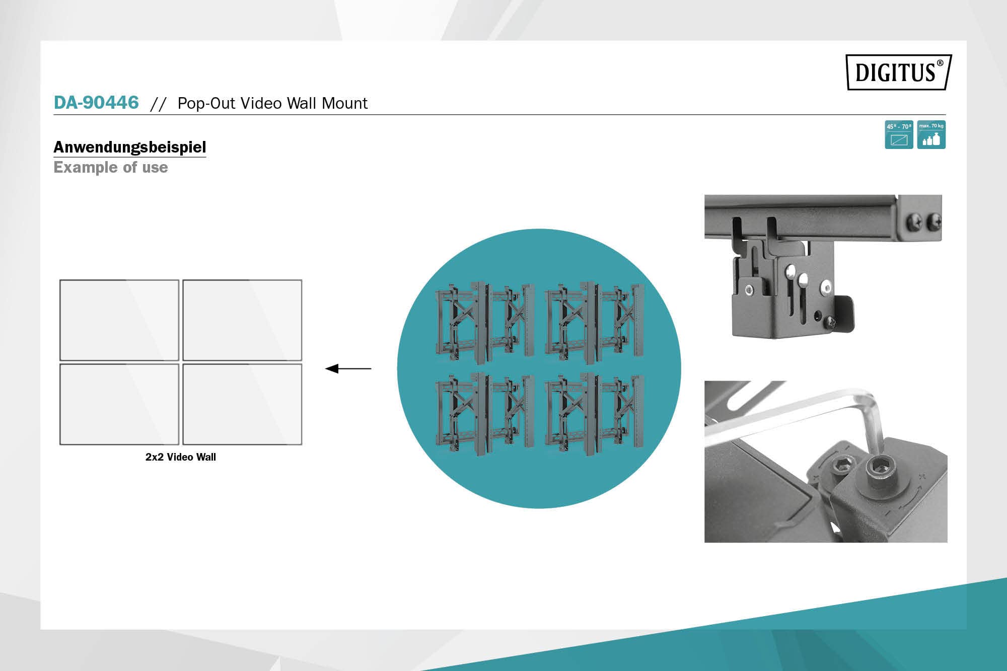 DIGITUS Pop-Out Video Wall Monitorhalterung 45-70" Video/Analog | VESA 200x200 bis 600x400 – Diebstahlsicherung – für Videowände, Fernseher oder Monitore – Schwarz