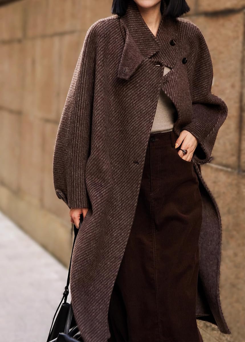 chouyatou Women's Winter Stand Collar Wool Coat Business Casual Button Down Midi Long Dressy Trench Coat