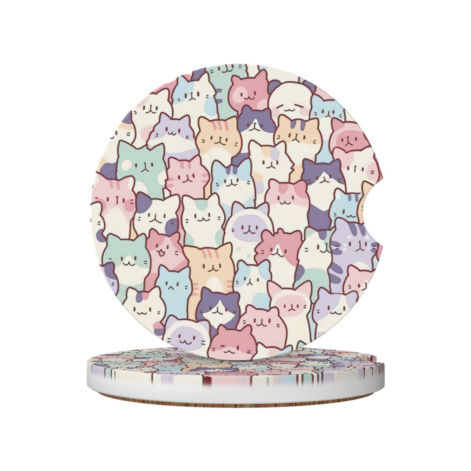 Cute Colorful Cats Car Coasters for Cup Holders,2 Pack Car Cup Holder Coasters for Car,Ceramic Absorbent Car Coaster with A Finger Notch and Cork Base