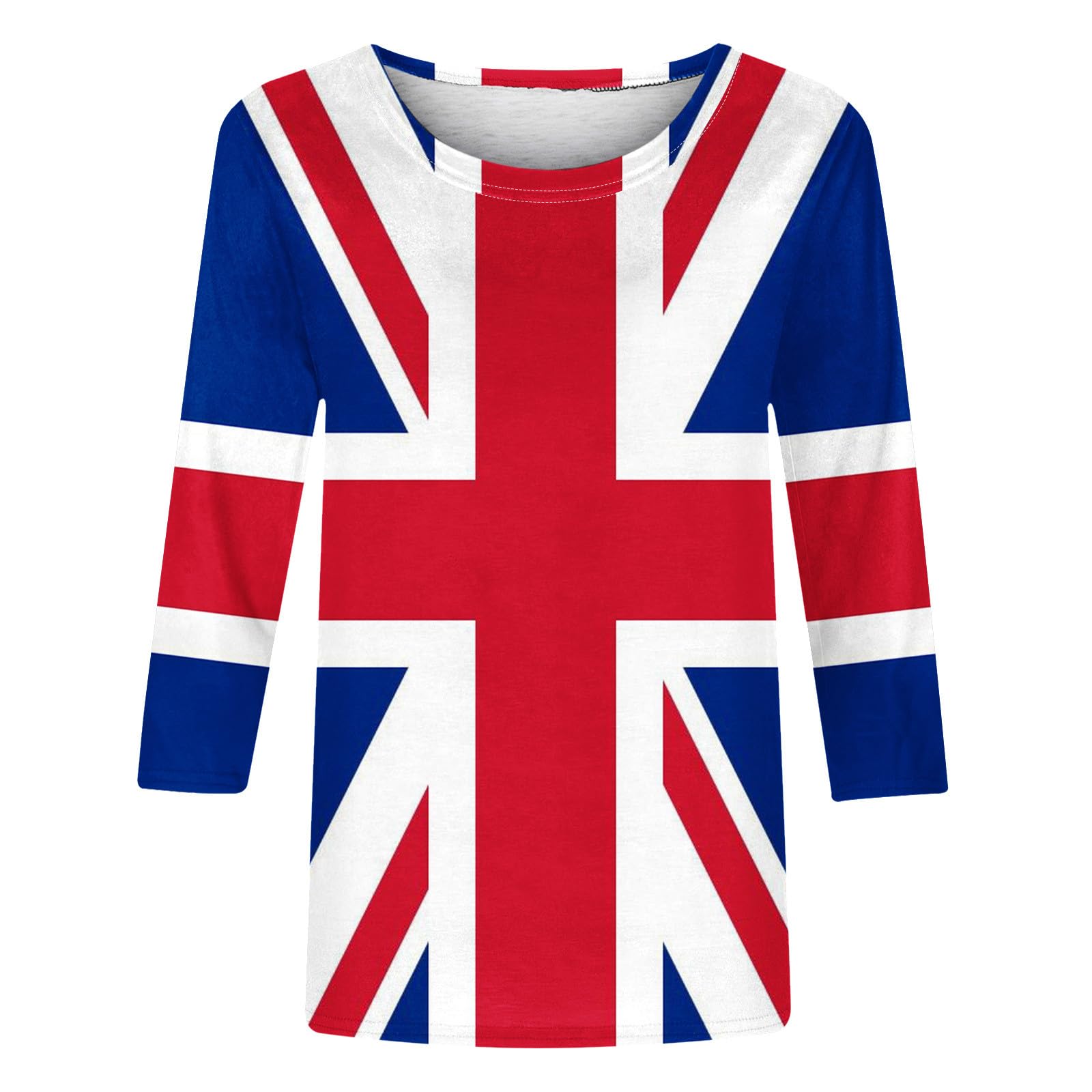 T-shirt graphique à manches 3/4 pour femme - Bloc de couleurs - Drapeau Union Jack britannique - T-shirt décontracté à motif géométrique - Pull à manches trois quarts - Hauts longs - Tailles S à 3XL