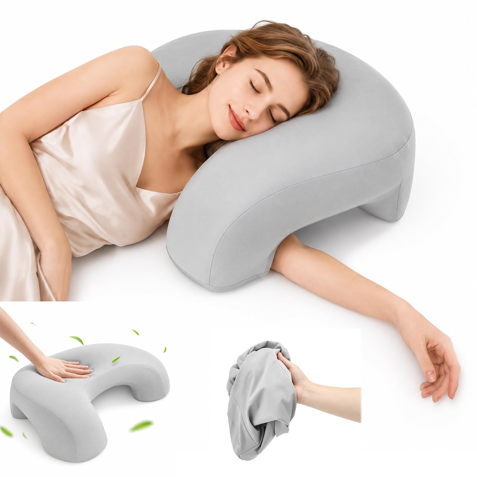 Seitenschläferkissen mit Armloch, Seidigem Kühlbezug Ergonomisches Nackenkissen aus Memory-Schaum, Nackenkissen mit Armloch, C-Form für Seitenschläfer, Rücken und Bauchschläfer