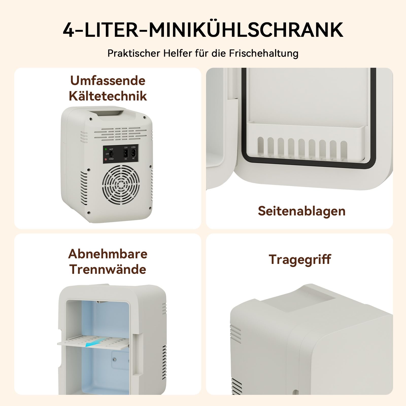 2 in 1 Mini Kühlschrank, 4 Liter mit Kühl- und Heizfunktion, tragbare elektrische Gefrierbox klein Gefrierschrank für Auto, camping, Lkw, Büro, 220V Steckdose und 12V USB-Anschluss