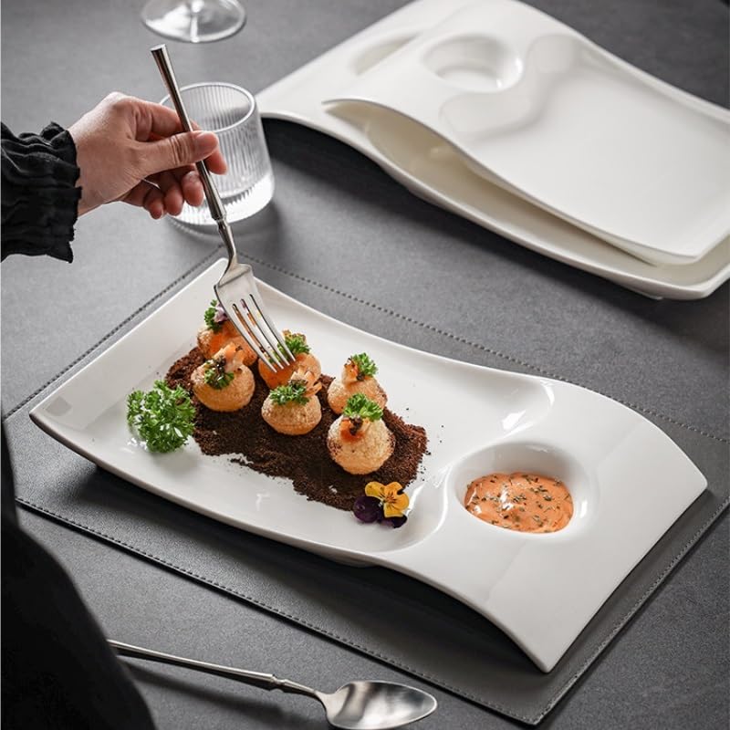Platos de Cena Plato Rectangular de cerámica con Compartimento for vinagre, vajilla de Estilo Chino for Bola de Masa, Pato asado y Comida fría Platos de Pasta(M)