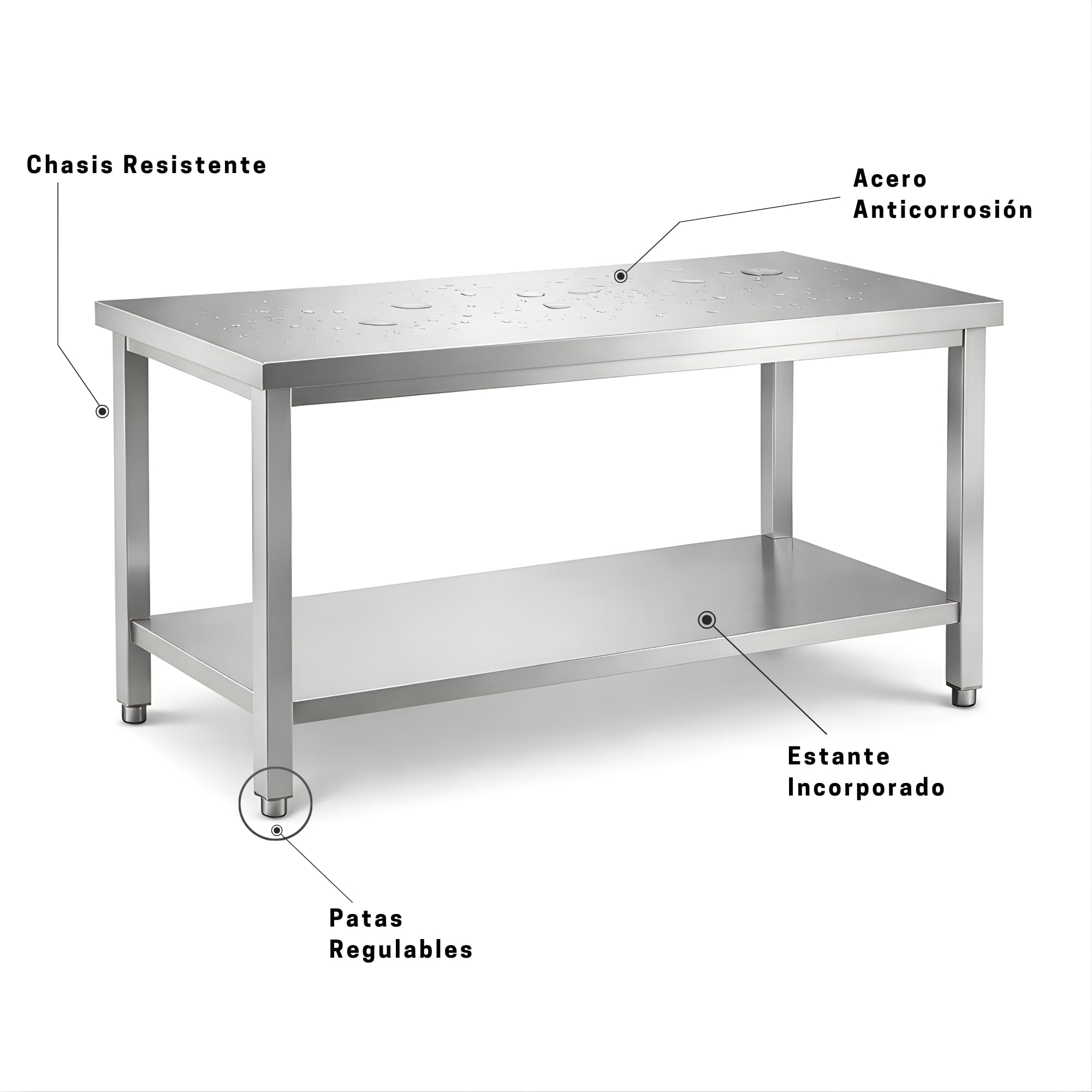 Mesa de Trabajo de Acero Inoxidable AISI 304 para Preparación de Alimentos, Mesa Industrial Profesional con Estante Inferior y Patas Regulables, Cocina y Hostelería (1500 x 600 x 850 mm)