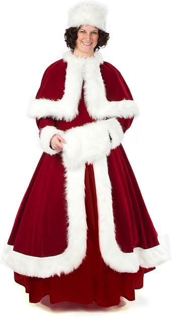 6-Piece Burgundy and White Elegant Velvet Mrs. Claus Costume - Adult Size Large
