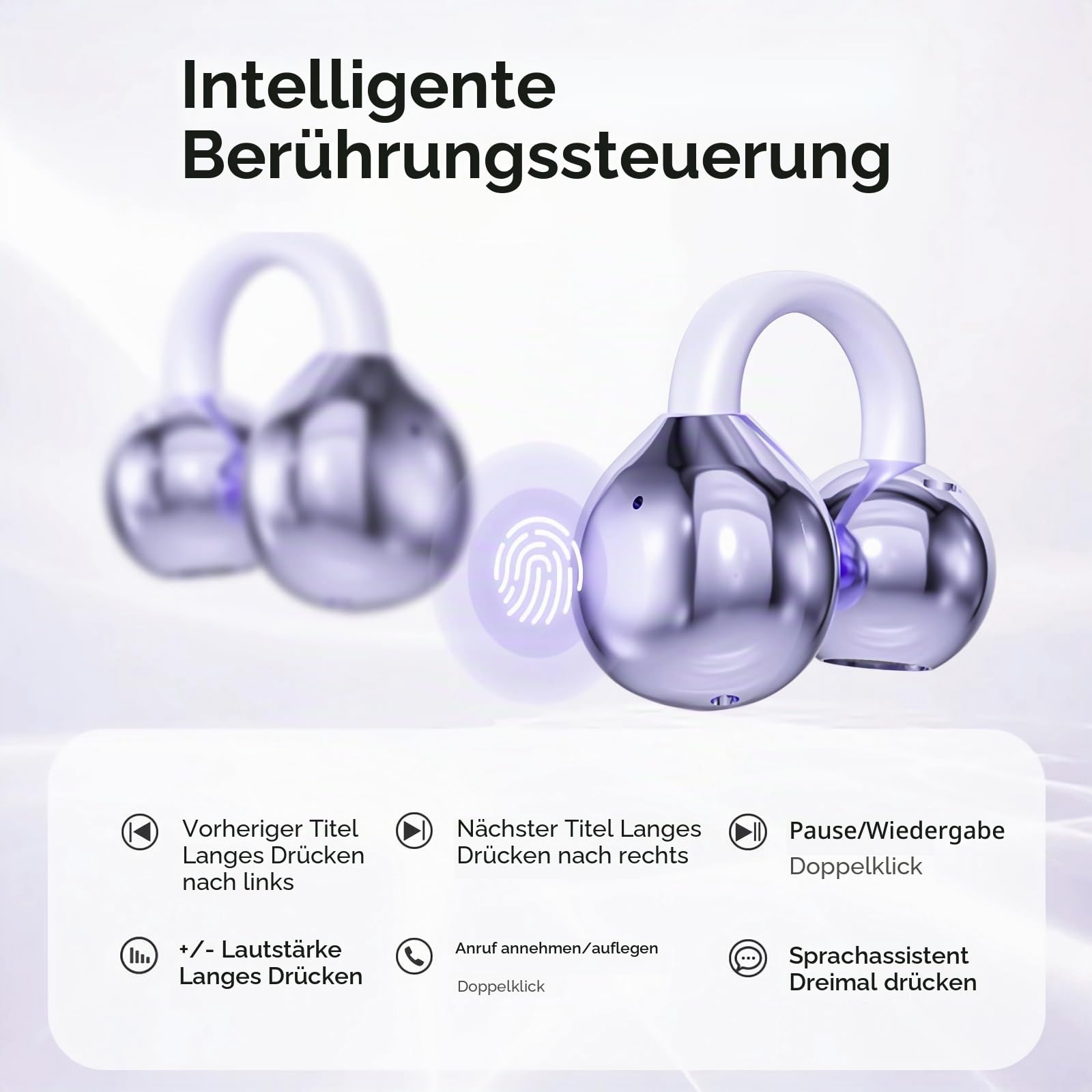 PTHTECHUS Open Ear Kopfhörer Bluetooth, Open-Ear-Clip Kabellose Kopfhörer mit 4,3g Lightweight, Bluetooth 5.4 Clip On Kopfhörer, Komfort-Ohrhörer, 65 Std Laufzeit für Sport Arbeit Studium (Lila)