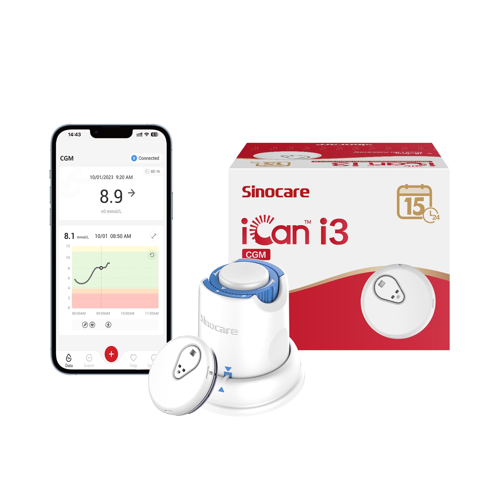 sinocare iCan Continuous Glucose Monitoring System, 15-Day Wear-life, Equipped with iCan CGM APP, Output Every 3 Minutes, Less Finger Pricks, for Diabetes Management, Pack × 1