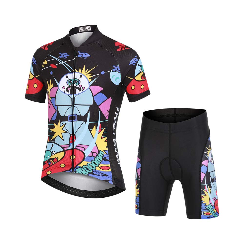 Kinder Jungen Radtrikot Set, Mädchen Radbekleidung Anzüge, Quick Dry Radsportanzug, Fahrradtrikot Kurzarm und 3D Sitzpolster Radhose, Außerirdischer Krieg, 122/128(Herstellergröße: L)