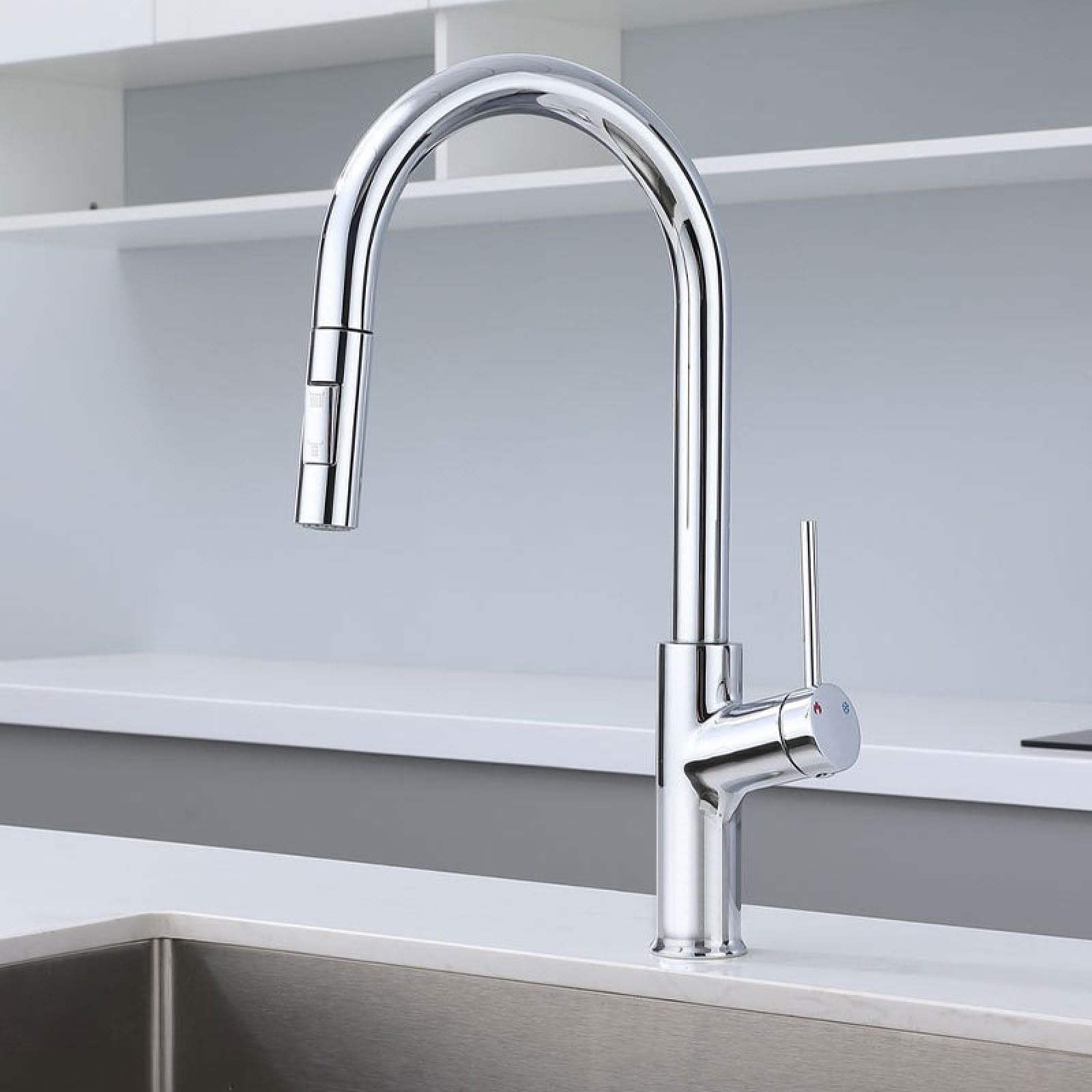 Fanjubei Chrome Silver Color 304 Stainless Steel Rotating Pull-Out Hot And Cold Kitchen Faucet,