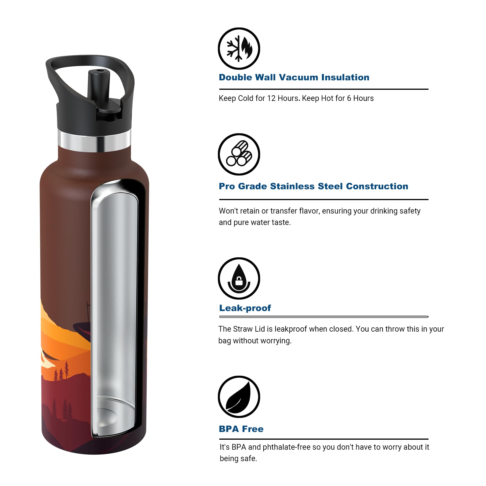 Super Sparrow Borraccia Termica, Acciaio Inox Bottiglia Termica - 350ml, 500ml, 750ml, 1L - Senza BPA Borracce, Borraccia Bambini per Scuola, Sport, Campeggio, Yoga, Palestra, Ciclismo