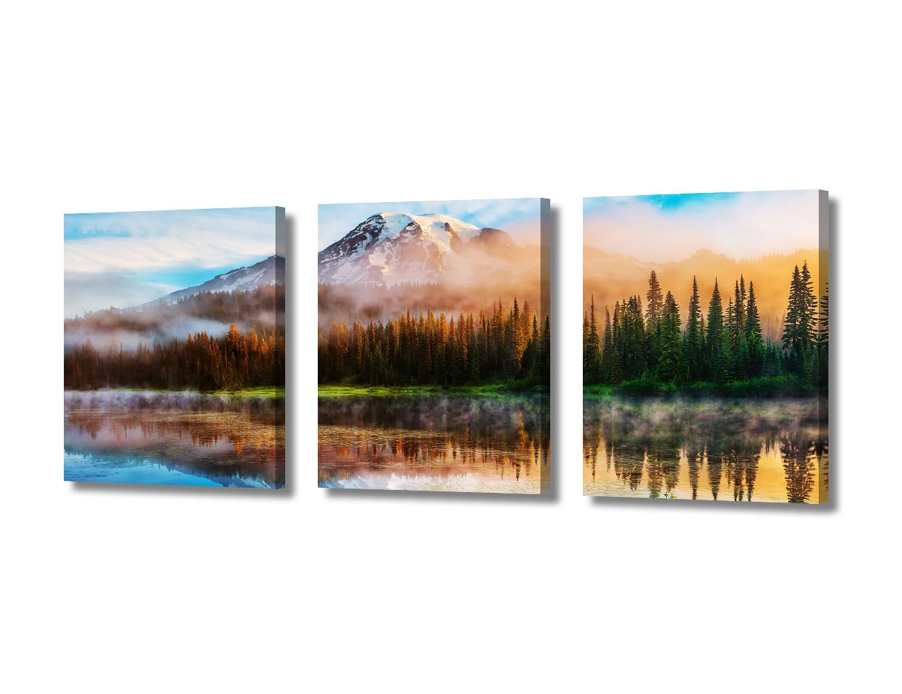 3 Piece Wall Art View of Mount Rainier Nature Summer Morning Lake Scape Paintings Canvas Print Forest with Fog Art Prints Modern Artwork Wall Decor Framed and Stretched Ready to Hang, 36" Wx16 H