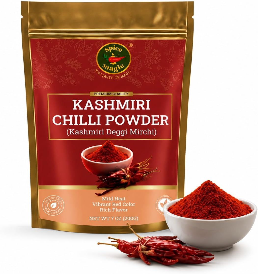 Spice Magic Kashmiri Chili Powder 7oz (200g) I Mild Low Heat Red Chili Powder I All Natural, Salt-Free, Non-GMO, Vegan, Gluten Free