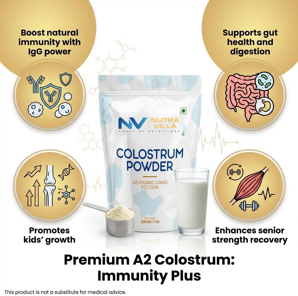 A2 Desi Cow Colostrum Powder | Grass Fed Bovine Colostrum Rich in Immunoglobulins, Protein & Natural Nutrients | No Antibiotics or Hormones 200 g (7 oz)