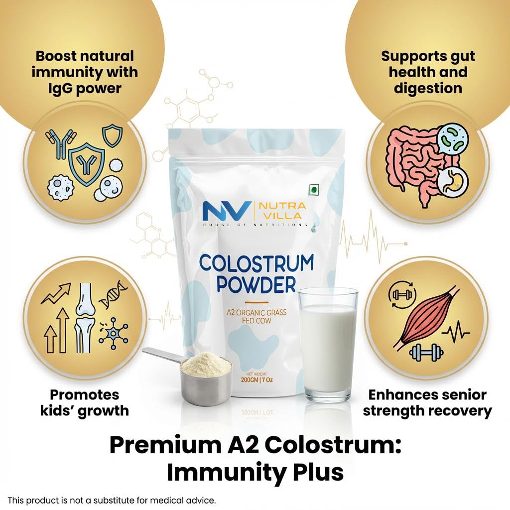 NutraVilla A2 Cow Colostrum Milk Powder 200g (7 oz) | Sourced from Indian Native Desi Cow Breeds (Gir, Tharparkar, Rathi, Sahiwal) | Nutrient Rich, No Antibiotics, No Hormones