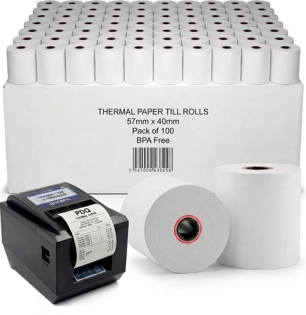 Thermal Paper Till Rolls 57 x 40 mm, Credit Card Machine PDQ Rolls, POS & EPOS Receipt Paper, Pack of 100