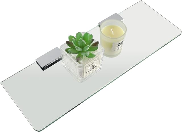 SAYAYO Bathroom Glass Shelf Wall Mounted 7MM Tempered Transparent Glass with Chromed Stainless Steel Shelf Brackets Supports 380MM Length, EGBL2010R-C