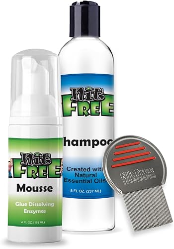 Nit Free Kit profesional de piojos - Kit de 3 pasos Mousse 4oz, champú 8oz profesional acero inoxidable Terminator Comb