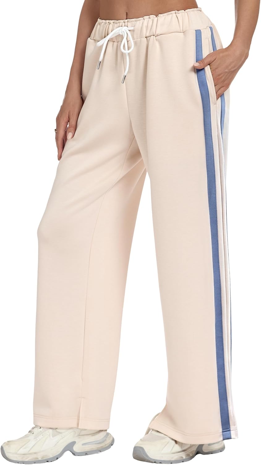 KevaMolly Womens Wide Leg Sweatpants Side Striped High Waisted Baggy Pants Drawstring Lounge Track Pants Athletic Joggers