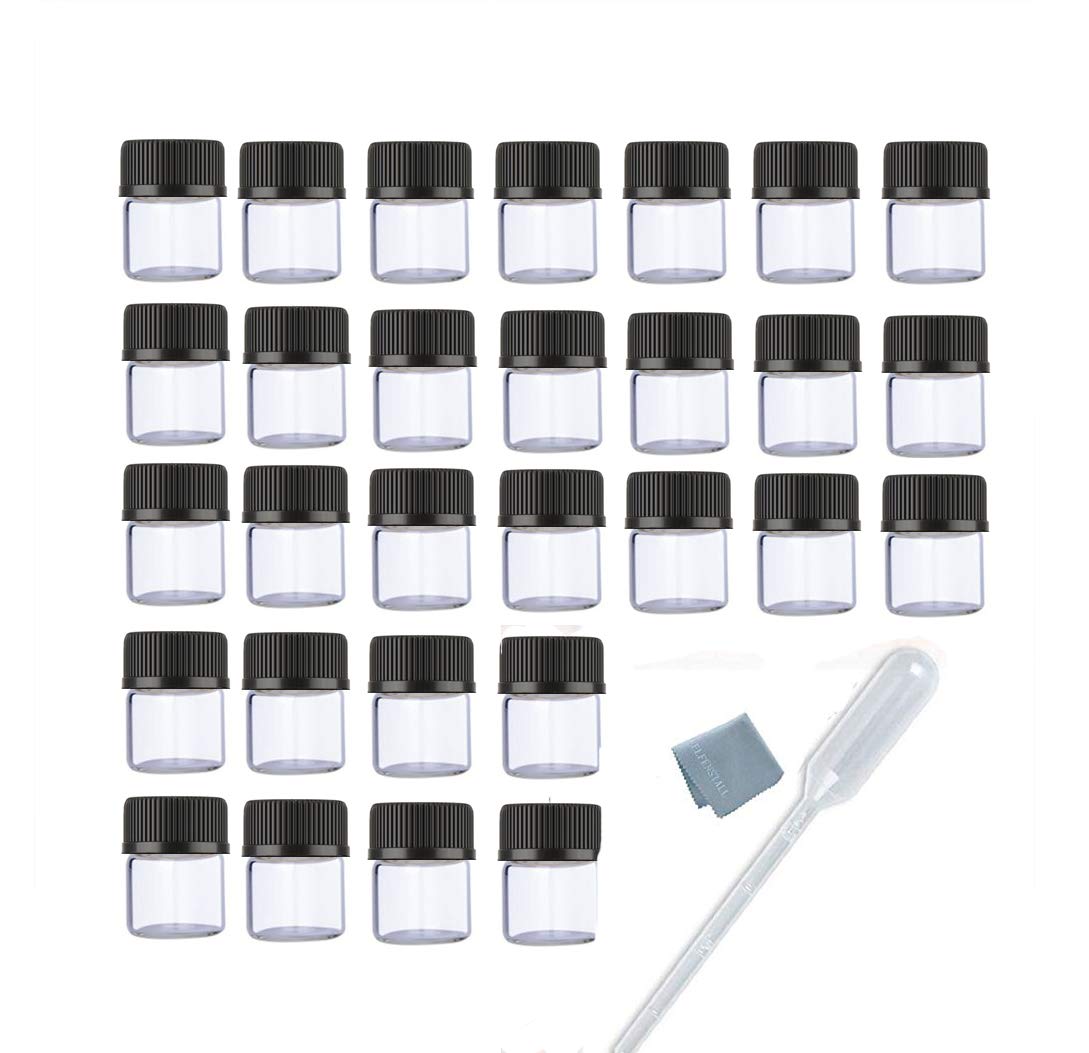 50pcs 1ML 1/4 Dram Mini Clear Glass Essential Oils Vial Small Sample Bottles with Black Caps for Essential Oils Chemistry Lab Chemicals Colognes & Perfumes Pipette droppers as Gift