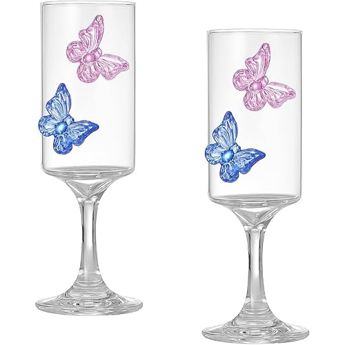 2 Pack 3d Butterfly Wine Champagne Glasses, 6.7 OZ Butterfly Glass Cup Set Wine Cocktails Glassware for Home Wedding Party (Pink + Blue)