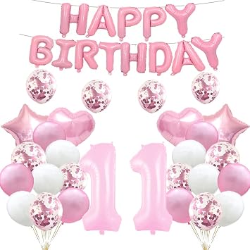 GLZLMM 11th Birthday Balloon Decorations Pink for Girls Boys Women Men | Number 11 Foil Mylar Balloons, Latex Balloons, Happy 11th Birthday Party Supplies