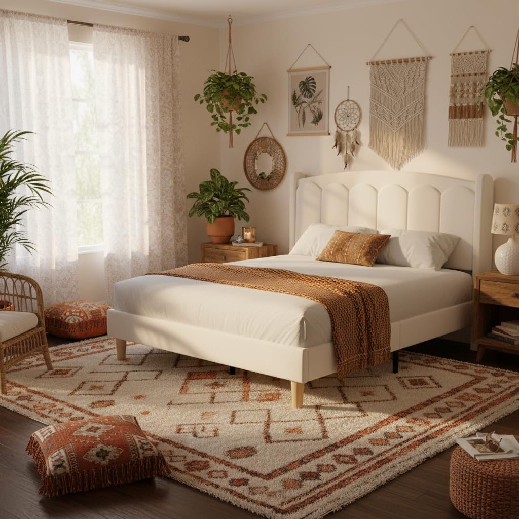 Queen Bed Frame with Headboard and LED/Velvet Upholstered Platform Bed Frame Queen Size with Adjustable Vertical Channel Tufted Headboard/Strong Wooden Slats/Box Spring Optional/Easy Assembly/White