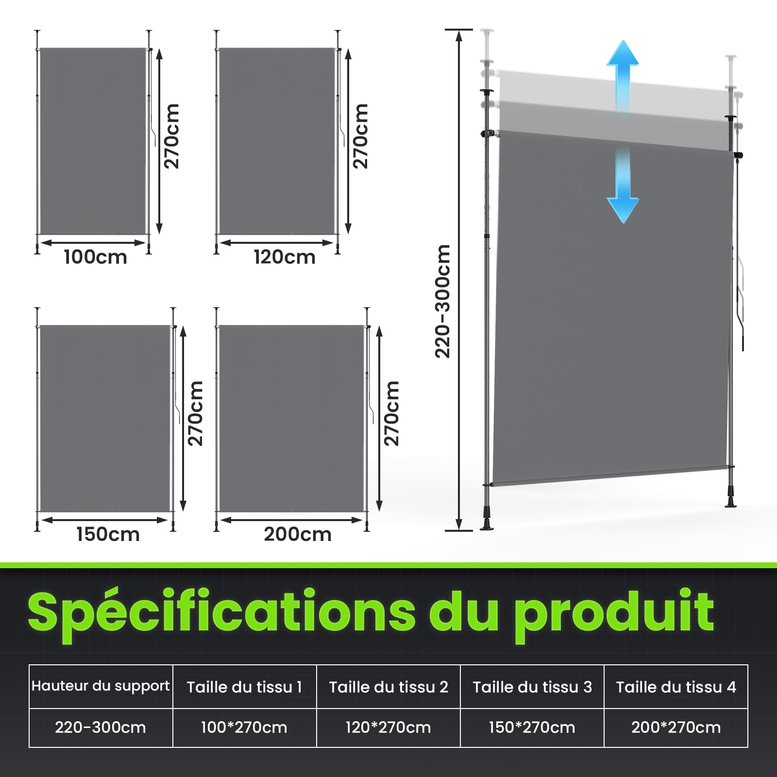 YEAUPE Pro Store Vertical extérieur 100 x 300 cm, Gris foncé, sans perçage, Store à Pince avec manivelle, Convient pour Balcon, terrasse, extérieur et Jardin, Brise-Vue résistant aux intempéries