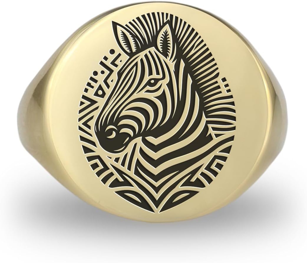14k Gold Zebra Signet Ring - Engraved Tribal Zebra - Bold Statement Ring - Unisex