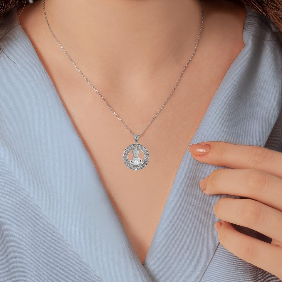 Claddagh Gold Sterling Silver Cuban Link Round Frame Jesus Malverde Sinaloa Narco-Saint Pendant Necklace - Choose Pendant Only or Necklace Chain Length