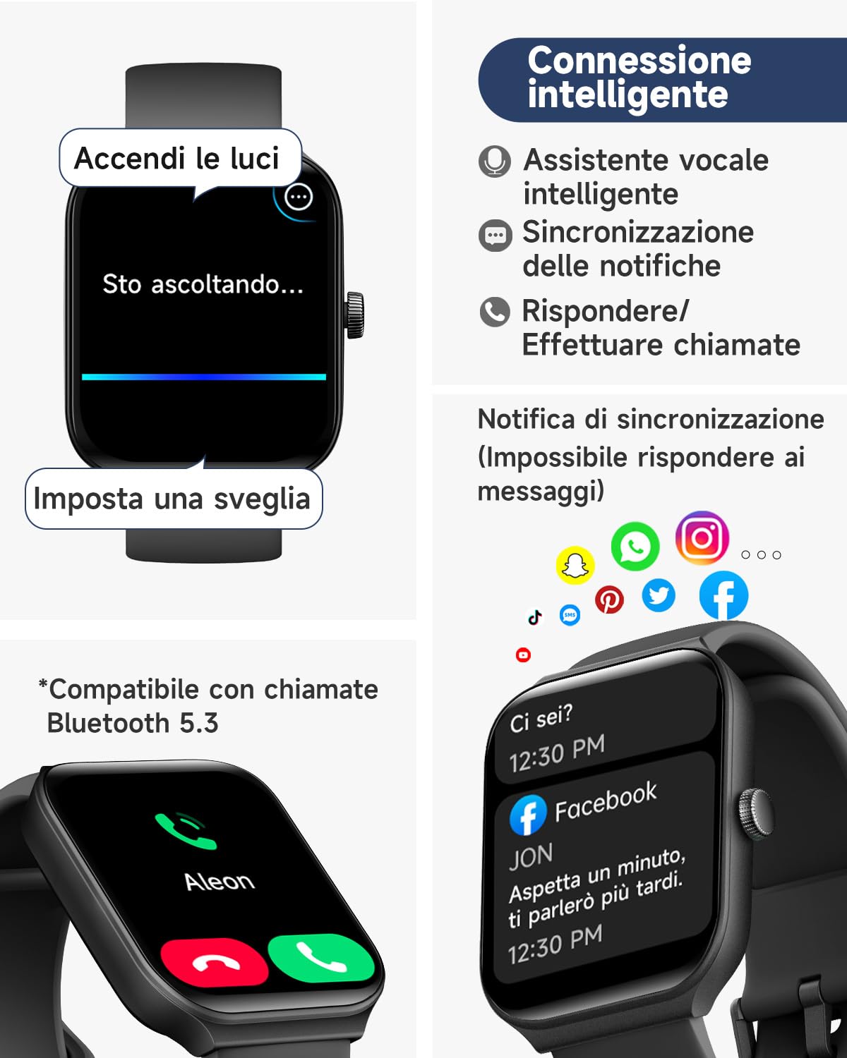 TOOBUR Smartwatch Donna Uomo Alexa Integrata, 1.95" Orologio Smartwatch Chiamate Cardiofrequenzimetro Contapassi Sonno Impermeabil IP68, 100 Sportivo, Notifiche Messaggi, Compatibile Android IOS