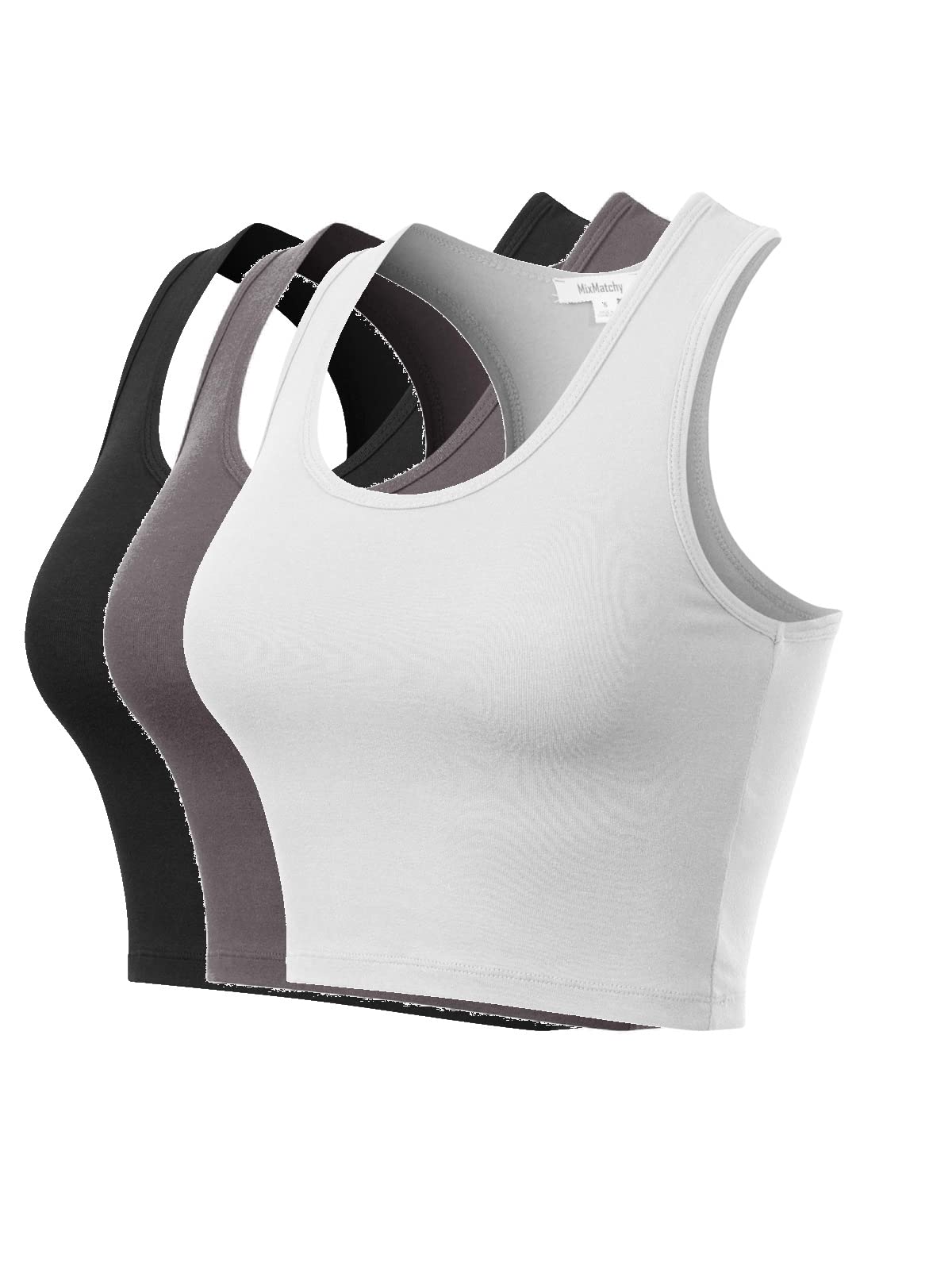 MixMatchy Women's Workout Crop Tank Tops Racerback Running Yoga Tanks Cotton Sleeveless Gym Shirts 3 Pack - Black/White/Ash Grey L