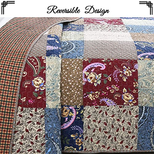 Cozy Line Home Fashions Sanders Red Navy Blue Brown Floral Print Real Patchwork, 100% Cotton Reversible Coverlet, Bedspread, Quilt Bedding Set (Red/Navy, King - 3 Piece) #TOP4