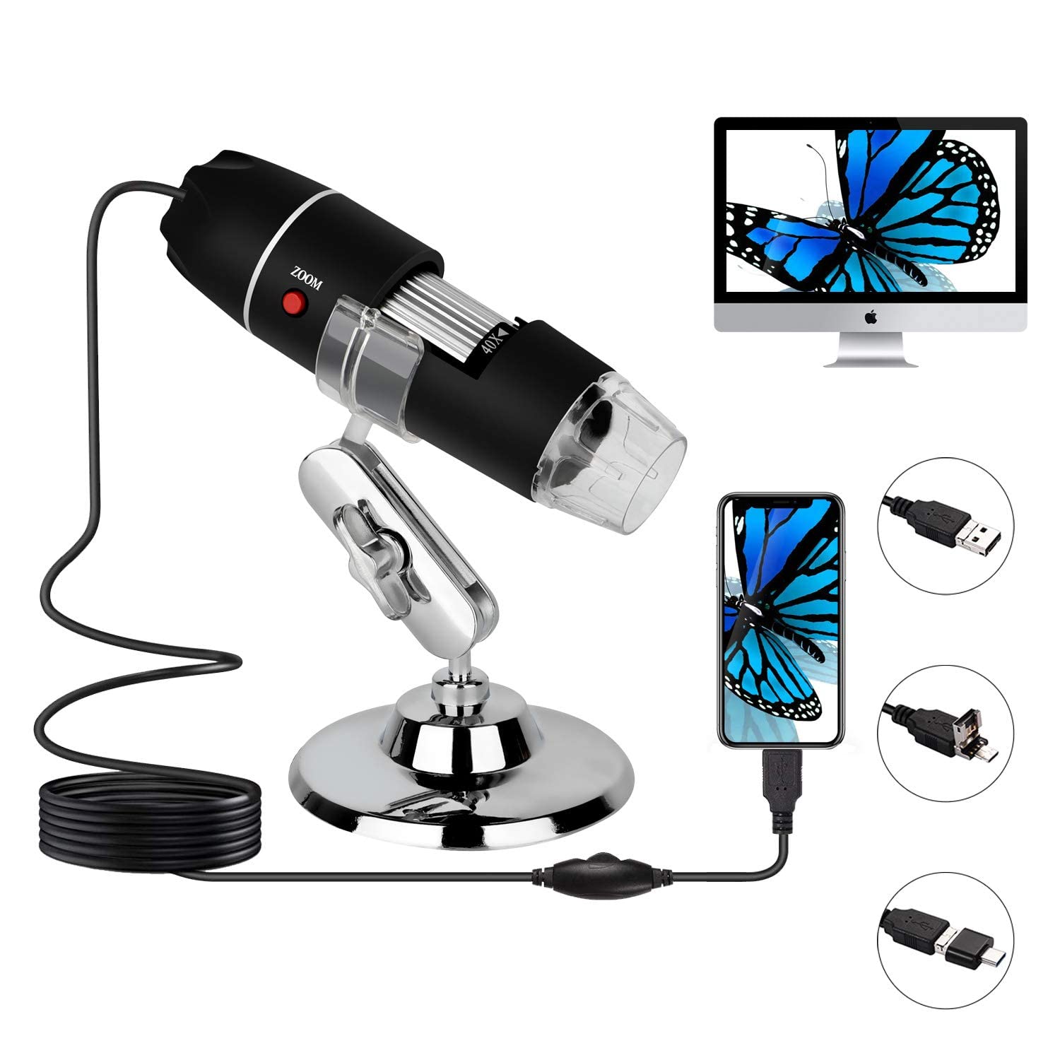 Microware 3 in 1 USB Microscope HD 1920x1080P Digital Microscope 50X to 1000X Magnification Mini Microscope Camera Magnifier with 8 LED and Metal Stand, Compatible with Mac Window 7 8 10 Android Linux