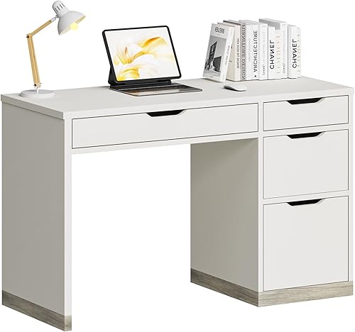 Miniatura 8 de Escritorio blanco con cajones, escritorio pequeño de computadora de 48 pulgadas con 4 cajones de almacenamiento para espacios pequeños, escritorio