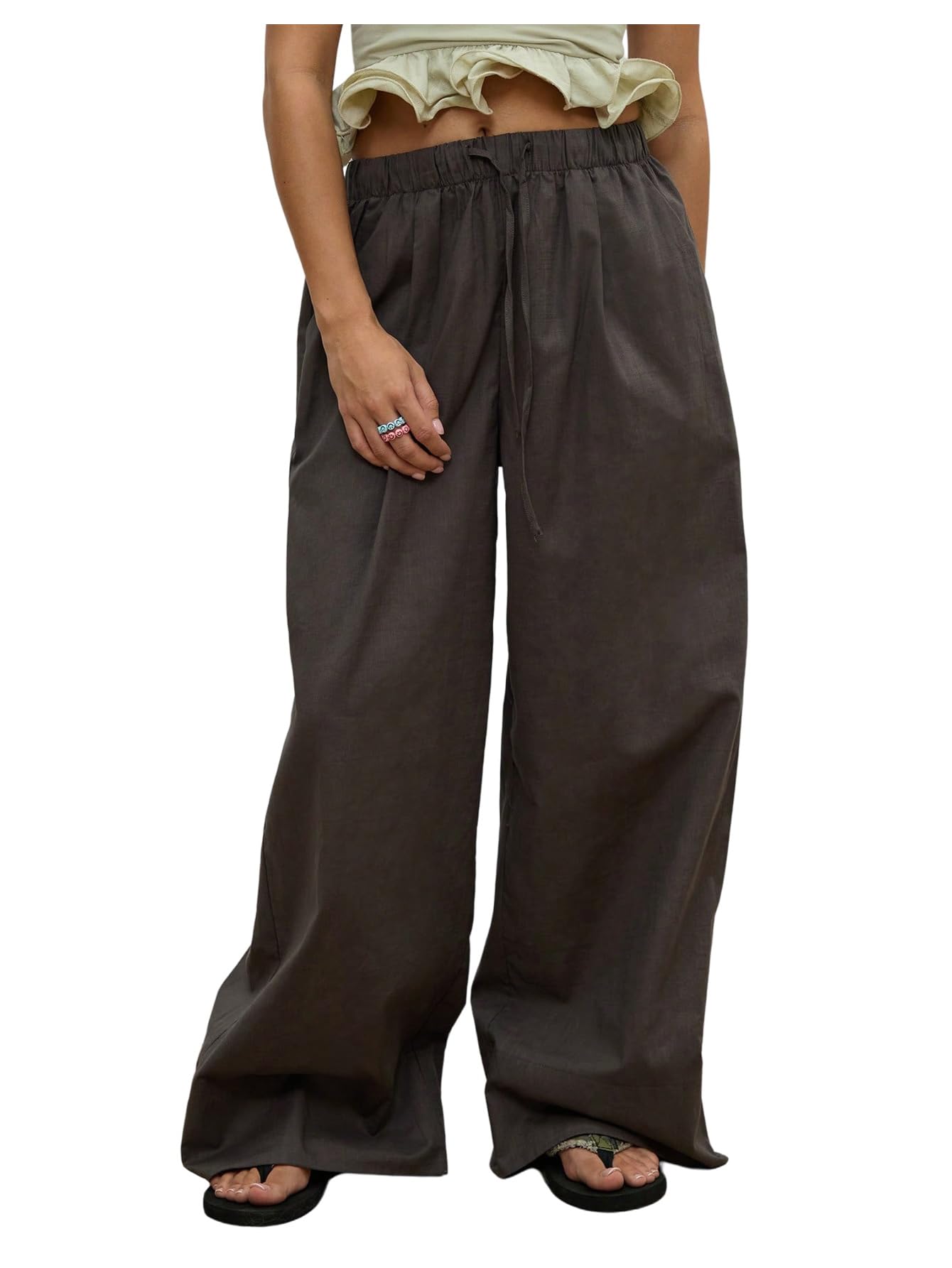 SHENHE Womens Baggy Pants Wide Leg Y2k Low Rise Drawstring Palazzo Pants Travel Trousers
