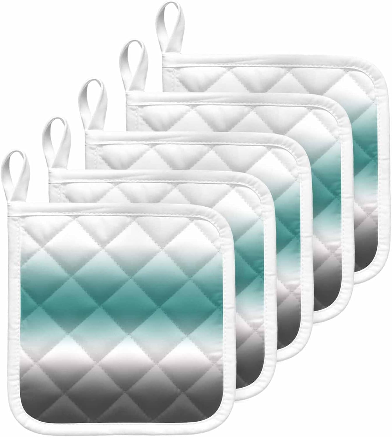 Ombre Grey Teal Pot Holders for Kitchen Heat Insulation, Modern Abstract Art Gradient Potholders Hot Pads with Hanging Loop, Washable Oven Mitts Pot Holder Trivet for Cooking Baking 5 Pack