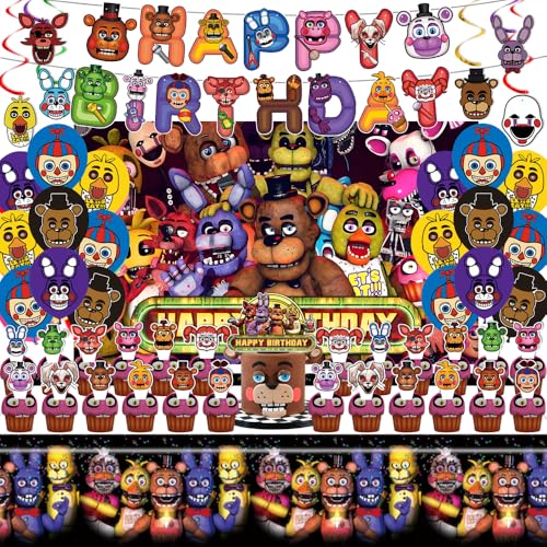 Freddys Birthday Decorations Party Supplies Set Include Banner Backdrop Balloons Hanging Swirls Cake Cupcake Toppers Tablecloth for Boys Girls Five Nights Theme Party