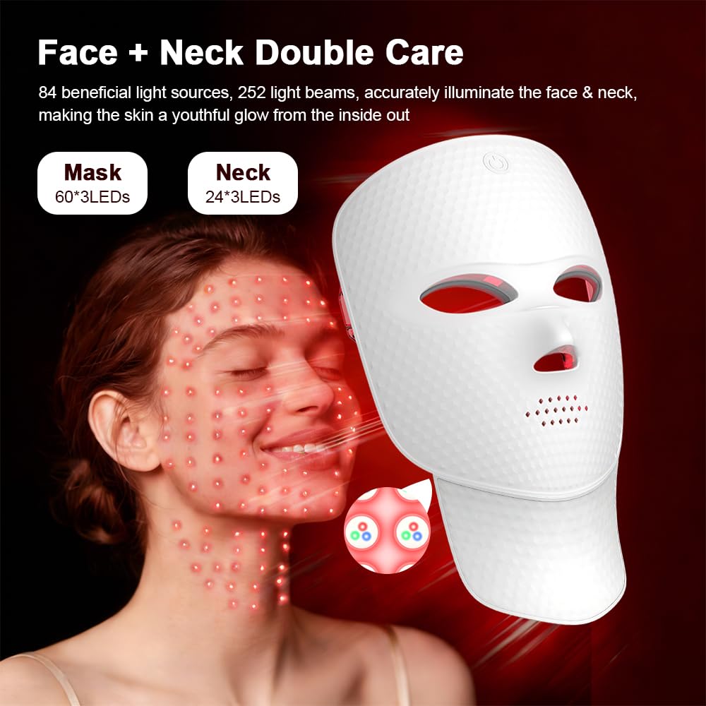 Rotlichttherapie für Gesicht und Hals, LED-Gesichtsmaske, Lichttherapie, 7 Farben, Lichtmaske, kabellos und wiederaufladbar, für Zuhause und auf Reisen