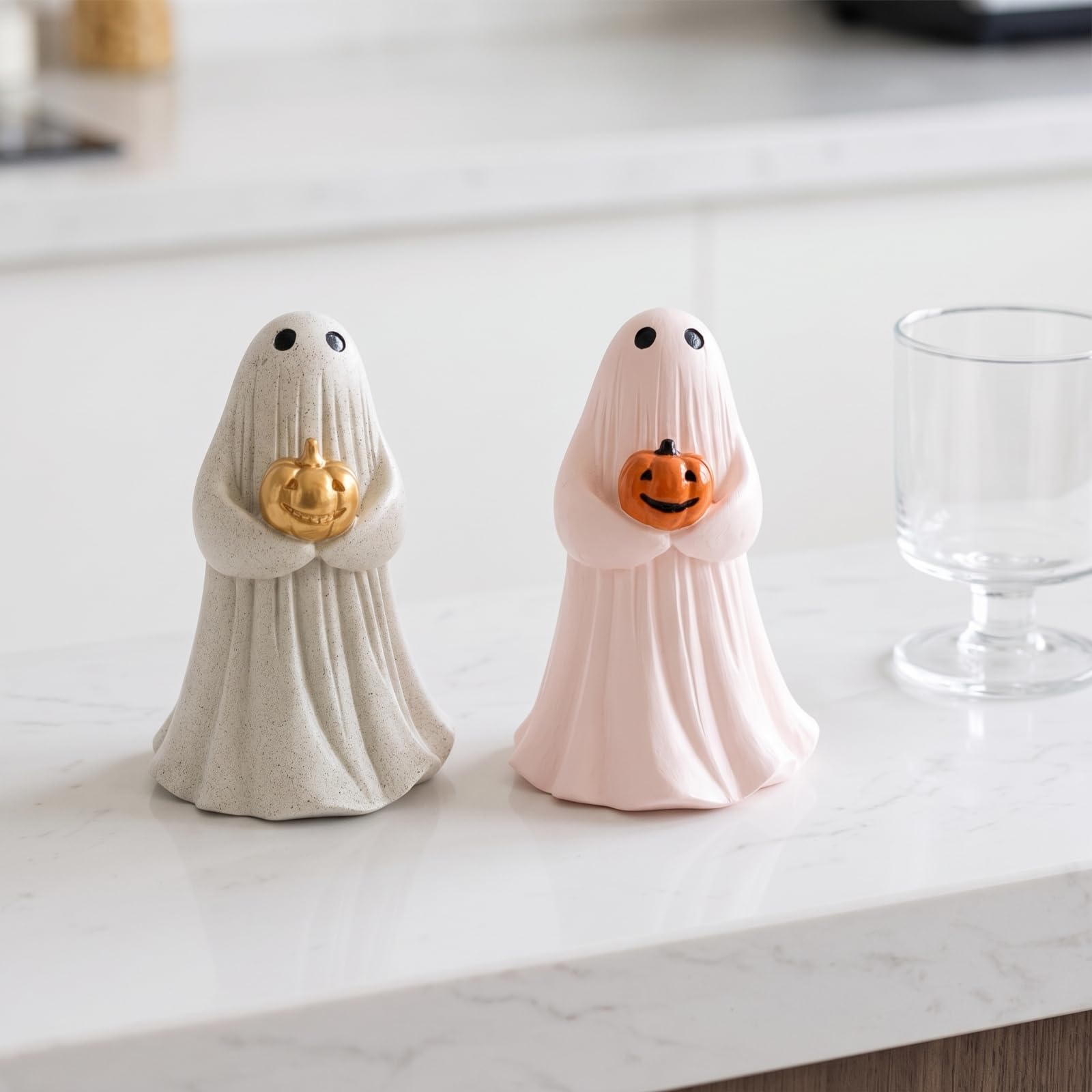 2 Pezzi Statuetta Fantasma con Zucca Decorativa Spettri con Zucca Piccole Decorazione per Halloween